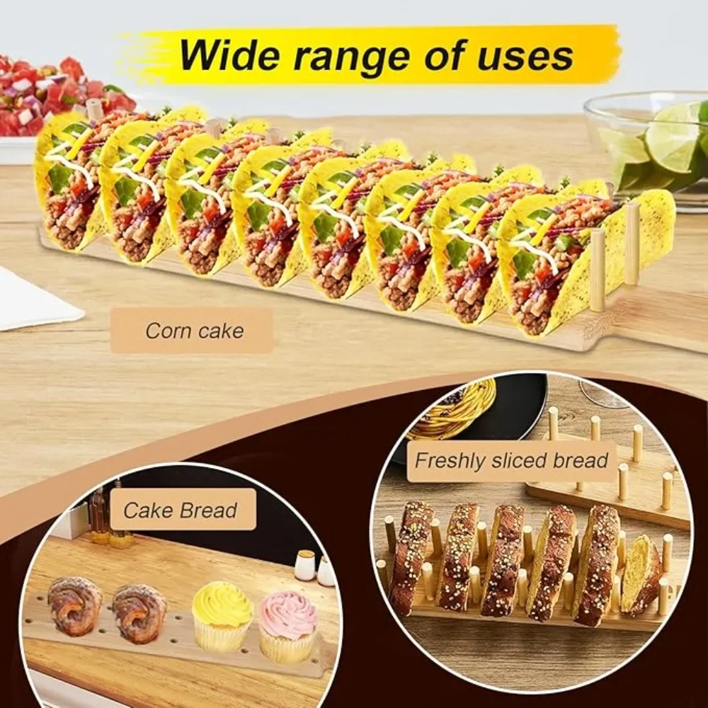 Bamboo Taco Holder Rack Tray for Holding 8 Slots Hard Shell Tacos Burritos for Family Party Restaurant Taco Rack Saving Space