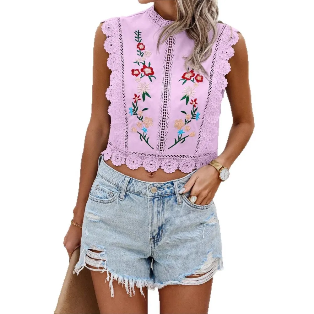 แฟชั่นสไตล์ชาติพันธุ์ Crop Top 2025 ลูกไม้ Patchwork ปักรอบคอ Hollow เสื้อชีฟองผู้หญิงเสื้อ