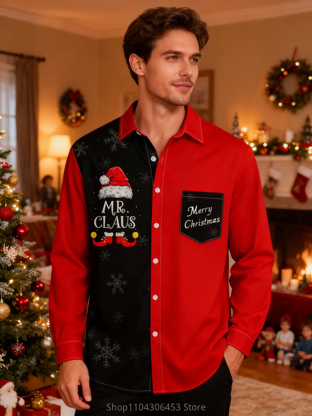 Men's Christmas New Year Cartoon Funny Santa Claus Red 3D Print Lined Holiday Party Shirt Men's Autumn and Winter New Casual Top