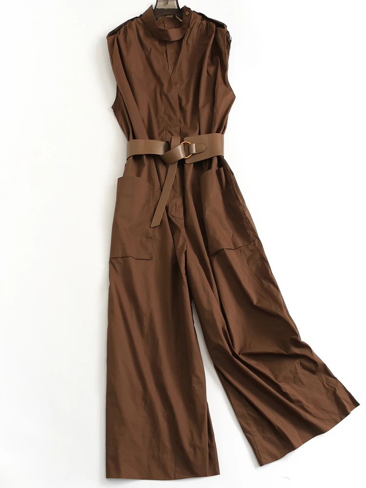 

Женский комбинезон с широкими штанинами и поясом, однотонный, повседневный, свободного кроя, летний, с высокой талией, из смесового хлопка