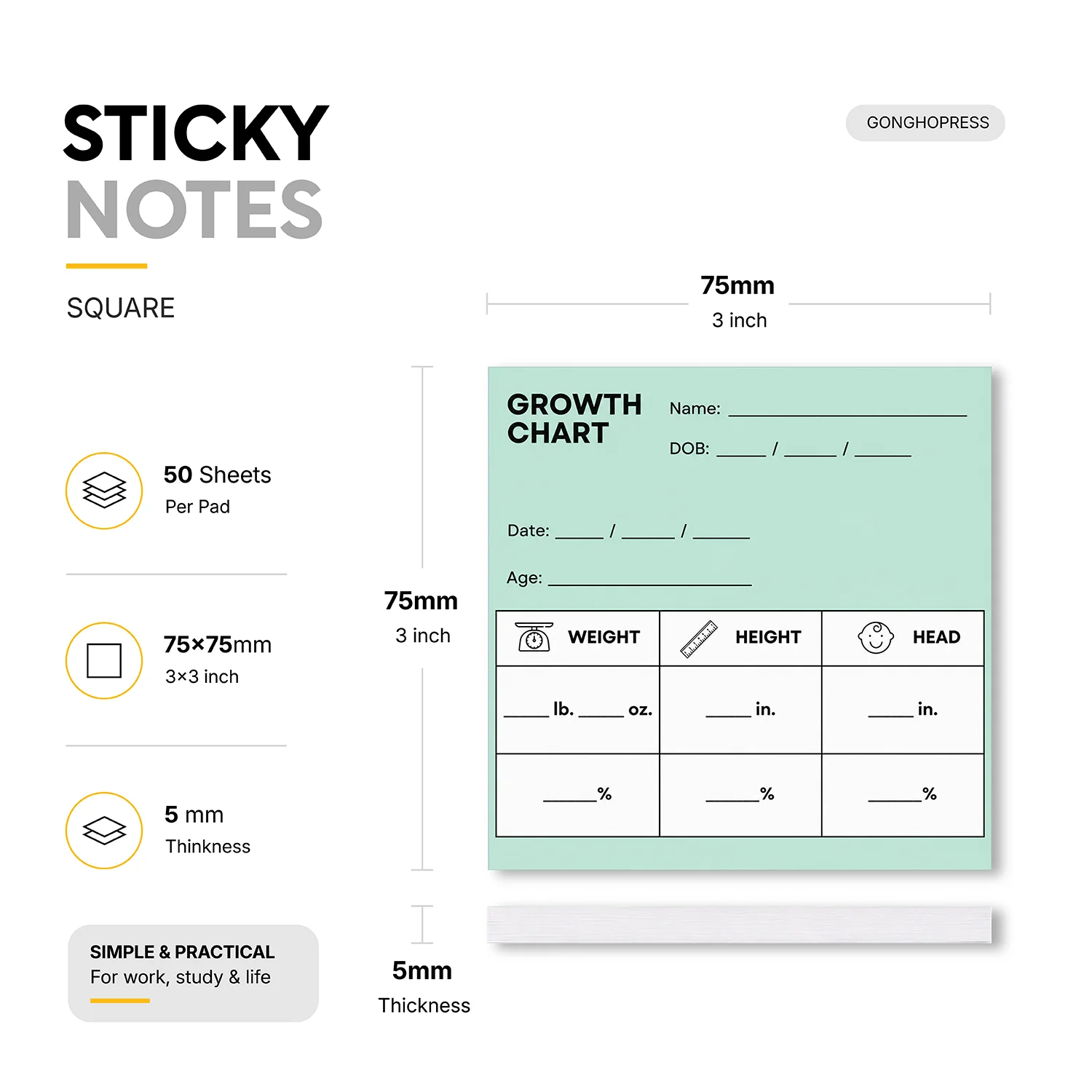 2pcs Baby Growth Chart Sticky Notes 3x3 Inch, 75x75mm Self Stick Memo Pads, 100 Sheets Total, Height Weight Tracker Note Pads