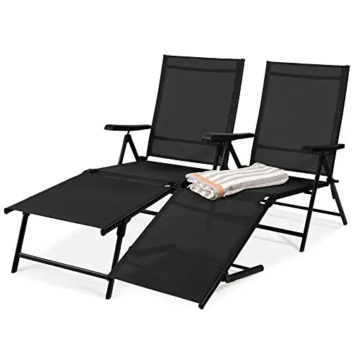 Set of 2 Outdoor Patio Chaise Lounge Chair Adjustable Reclining Folding Pool Lounger for Poolside, Deck, Backyard
