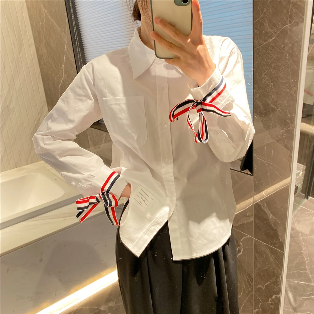 

Ele Commuter Women's irt with Color Stripe Cuff Design High-End Version Simple Yet Sli White Top for Busin