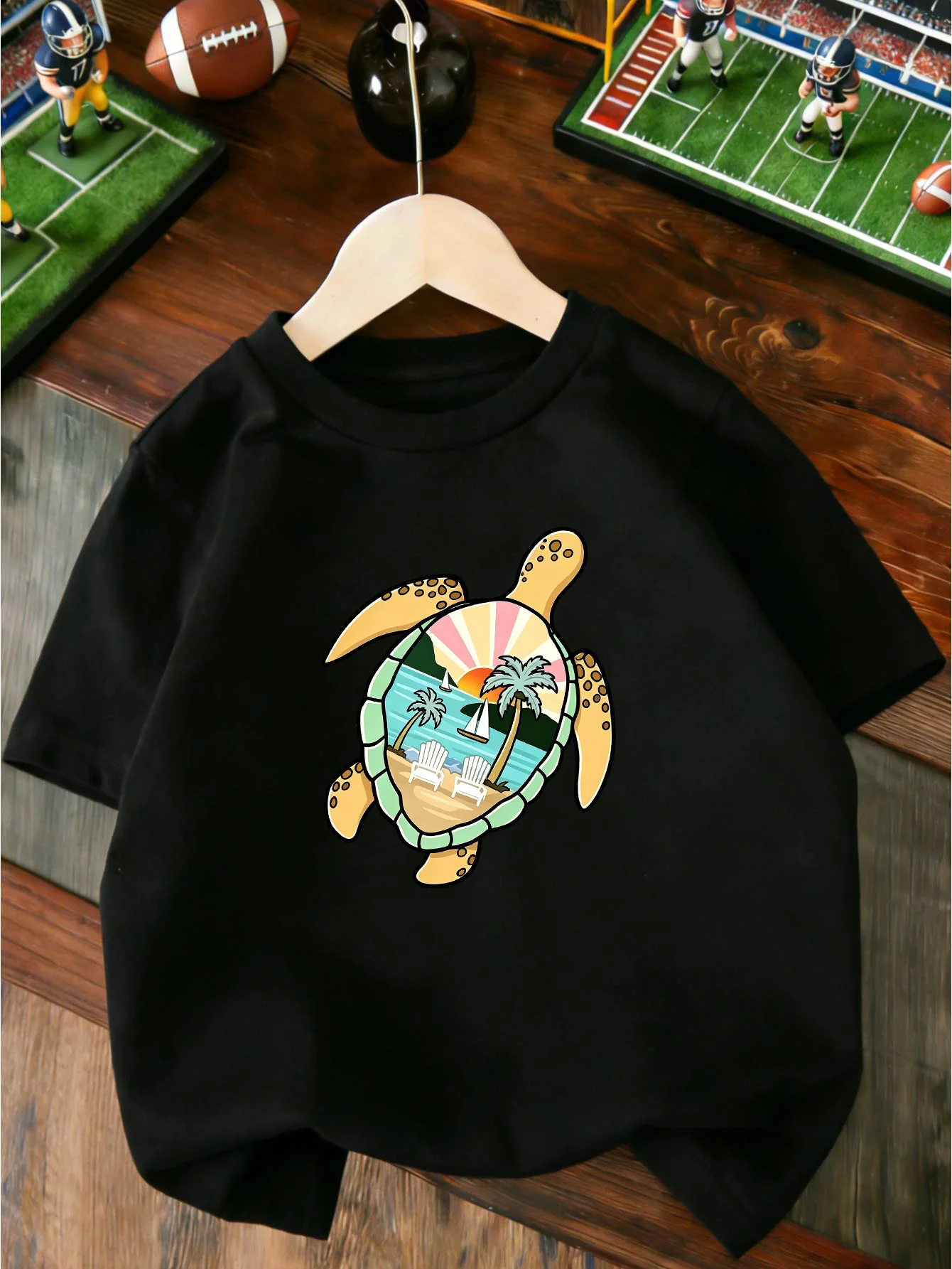 Cute Sea Turtle Tropical Beach Sunset Cartoon Print T Shirt Boys Girls Lovely Short Sleeve Tee Family Matching Kids Cotton Tops