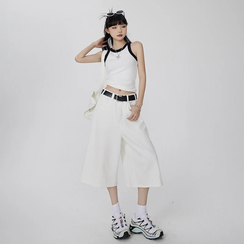 SummerWhite Denim Shorts Women Fashion High Waisted Wash Cropped Baggy Wide Leg Shorts Pants