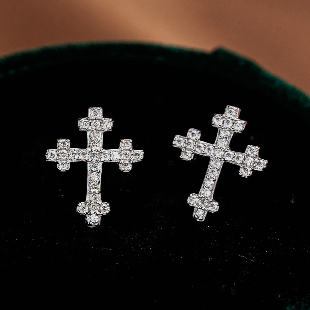 18K Gold Female Full Diamond Moissanite Earrings with High-end European and American Style Cross Platinum PT950 Diamond Earrings