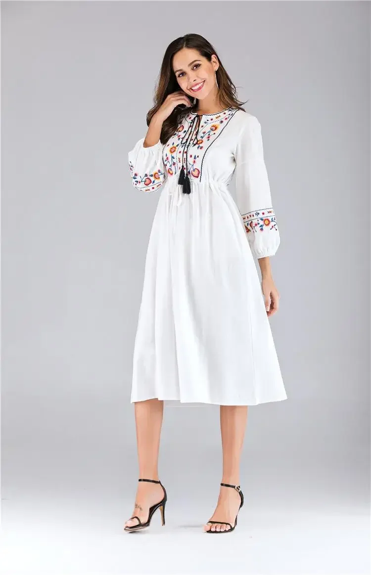 Ukrainian Embroidered Women Dress Vyshyvanka Boho Ethnic Summer Dress For Women Hippie Dresses Drawstring V-neck Wrist Sleeve