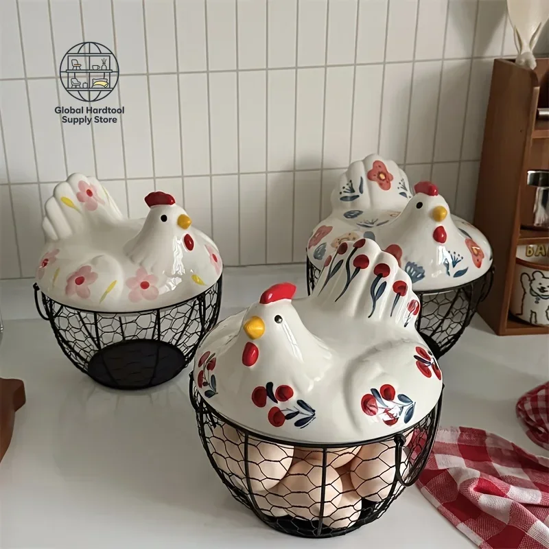 1pc Farmhouse Hen-Shaped Ceramic Egg Baske -Ceramic Egg Holder with Lid,Rustic Kitchen Organizer for Fruits/Veggies