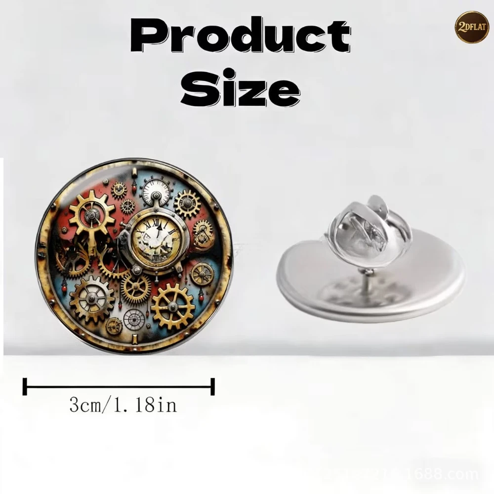 Steampunk Gear Clock Brooch Stainless Steel Flat Badge for Vintage Mechanical Roman Watches Glass Texture Brooch Accessory