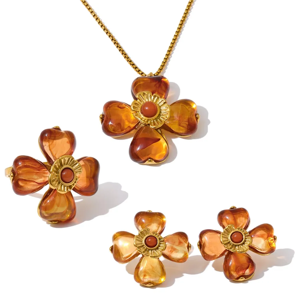 Women's Acrylic Flower Pendant Necklace & Ring Set