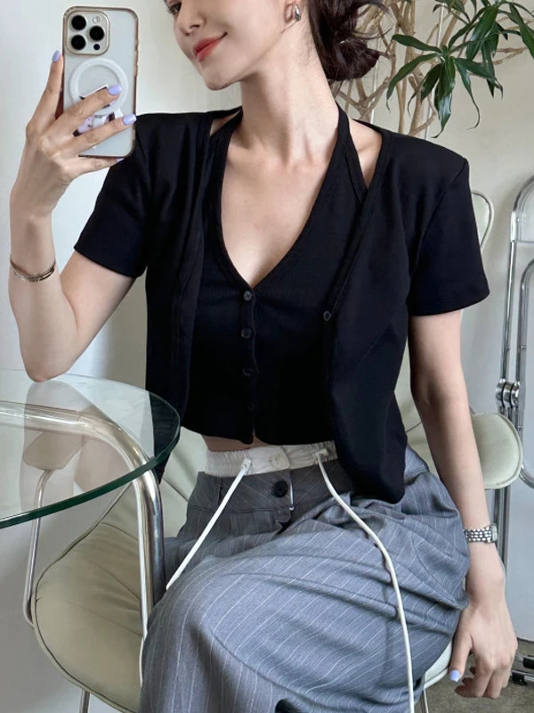 Faionable Canotta da donna coreana Sle Estate 2025 Ne Hanging Or Sve Cardigan slim fit Top da ragazza piccante in due pezzi falso