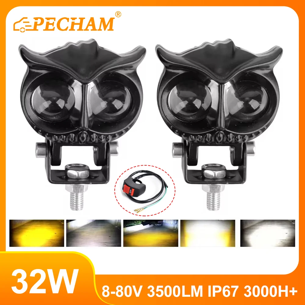 

32W Motorcycle Spotlights Led 3200lm Yellow White Owl Four Mode Strobe 8-85V Motorcycle Lamp Universal Moto Headlight Spotlights