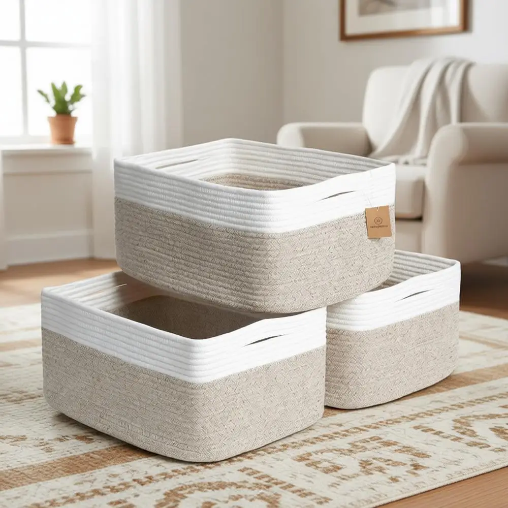 

Набор из 3 плетеных корзин для хранения из хлопкового каната — идеально подходят для организации игрушек, белья и многого другого