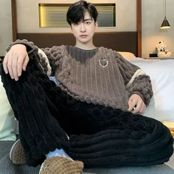 Men's Coral Fleece Pajamas 2024 Winter Warm Loungewear O-Neck Thickened Flannel Pajama Sets Sleepwear Youth Male Loose Homewear