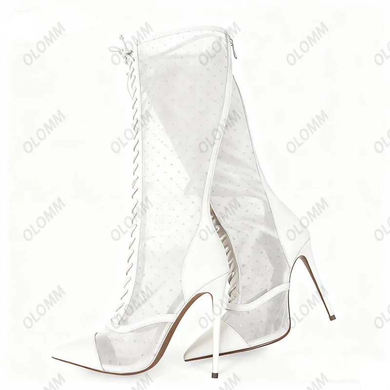Olomm الحرفي وضعت بقماش شفاف الأحذية السوداء البولكا نقطة نمط الركبة طول الدانتيل متابعة تصميم عالية الكعب أحذية الموضة حجم 5-15 #2