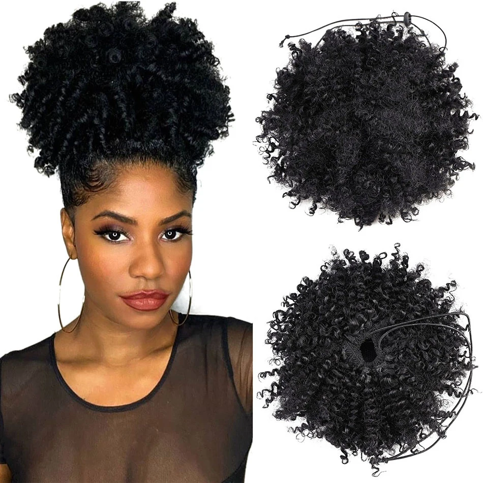 BOL Synthetic Hair Buns For Women Afro Puff Curly Chignon Drawstring Ponytail Natural Black With Hair Extensions Hairpieces