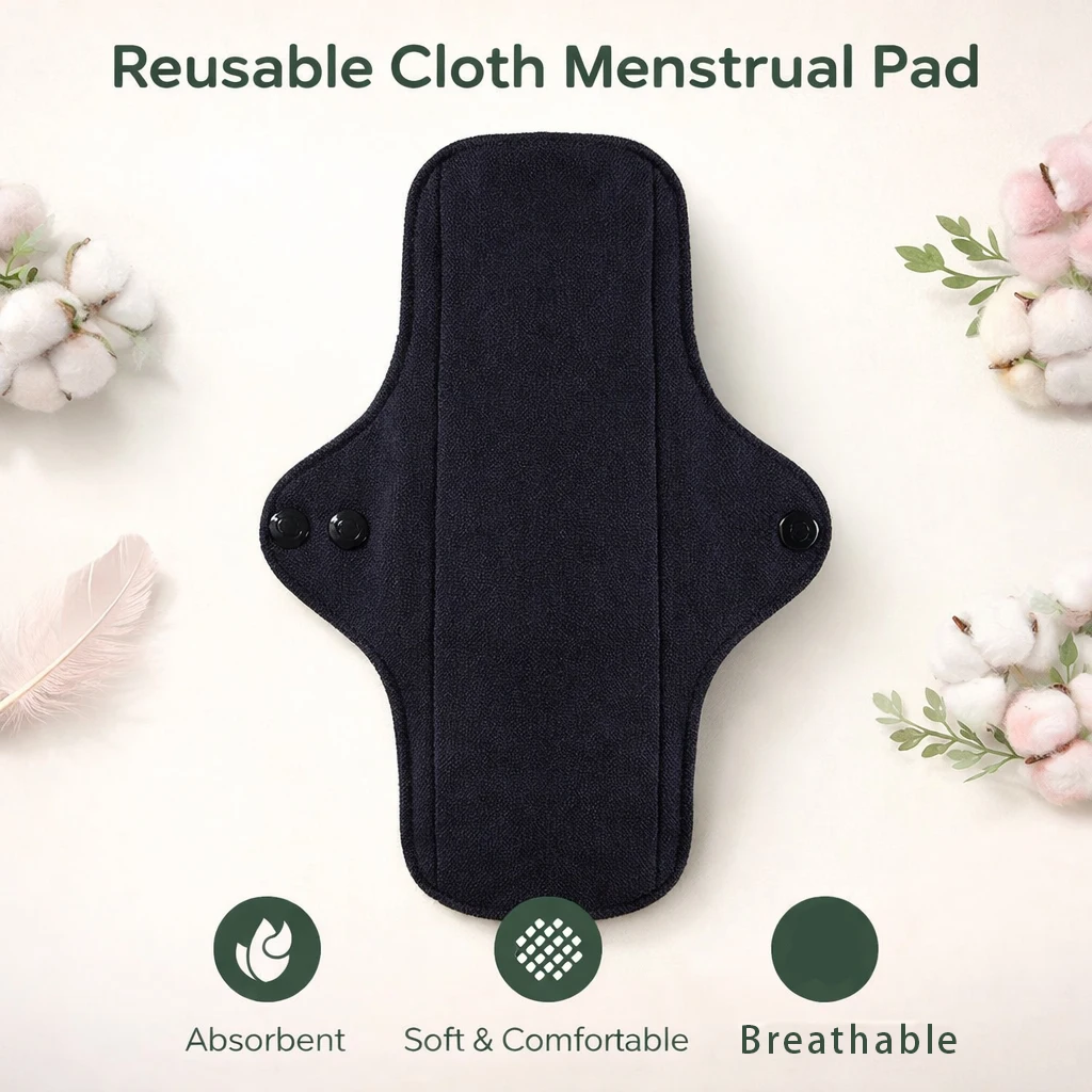 5 Pieces Reusable Washable Cotton Sanitary Pads Black Menstrual Pads for Daily Use Black Cotton Sanitary Towels for Women