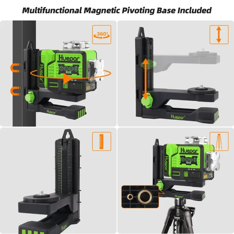 Huepar P02CG 8-line 2D Green Light Self Rotating Laser Level for Land Leveling Rechargeable, Laser Wavelength 505-520nm