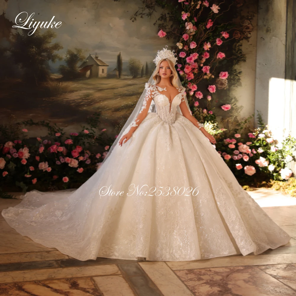 Liyuke Custom Made Beauty Lace Ball Gown Princess Wedding Dresses Luxury Beaded Pearls Embroidery Full Sleeve Puffy Bridal Gowns