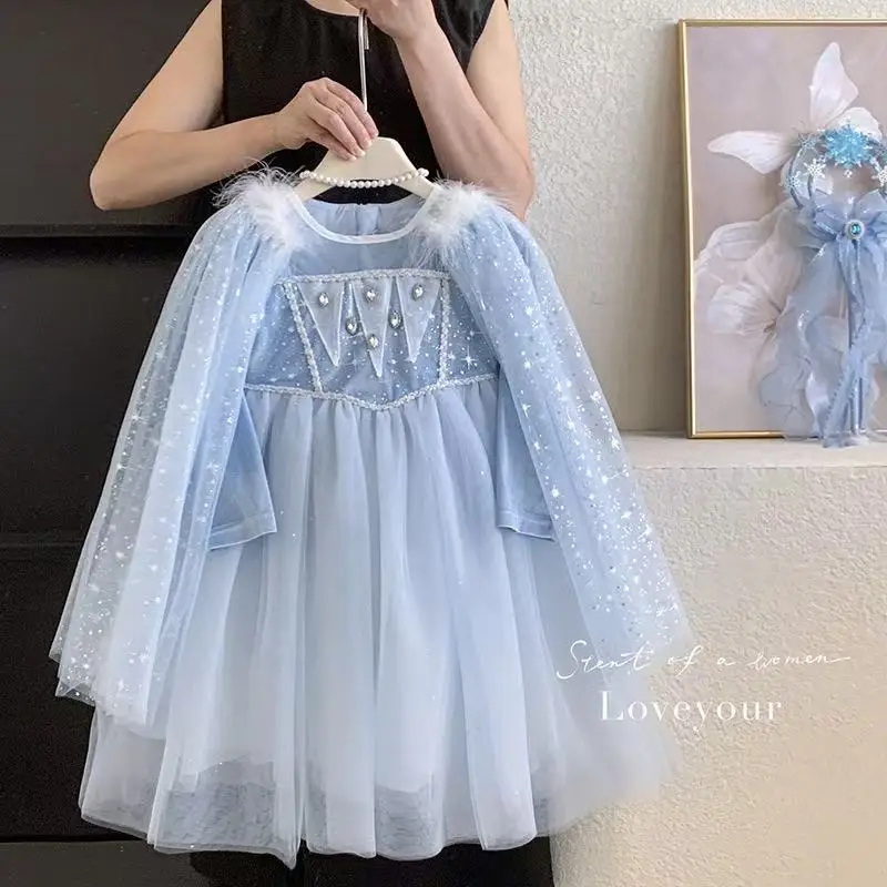 Girls' Princess Skirt Autumn Dress Baby Girls' Blue Beautiful Skirt Strap Shawl Detachable Dress 2-8Y