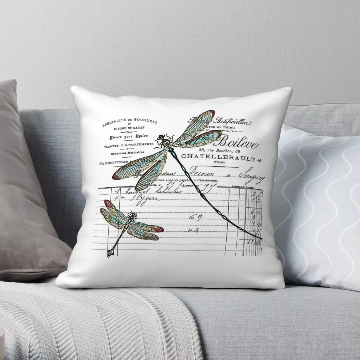 Dragonflies French Odonata Square Pillowcase Polyester Linen Velvet Printed Zip Decor Sofa Cushion Cover