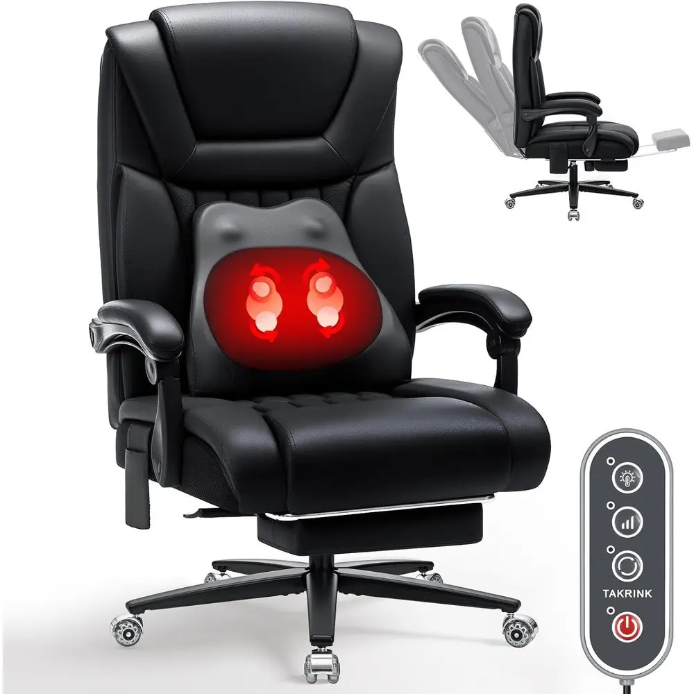 

500 lbs Capacity Ergonomic Massage Chair with Heat, Big and Tall, Footrest, Lumbar Support, PU Leather, for Heavy People (Black)