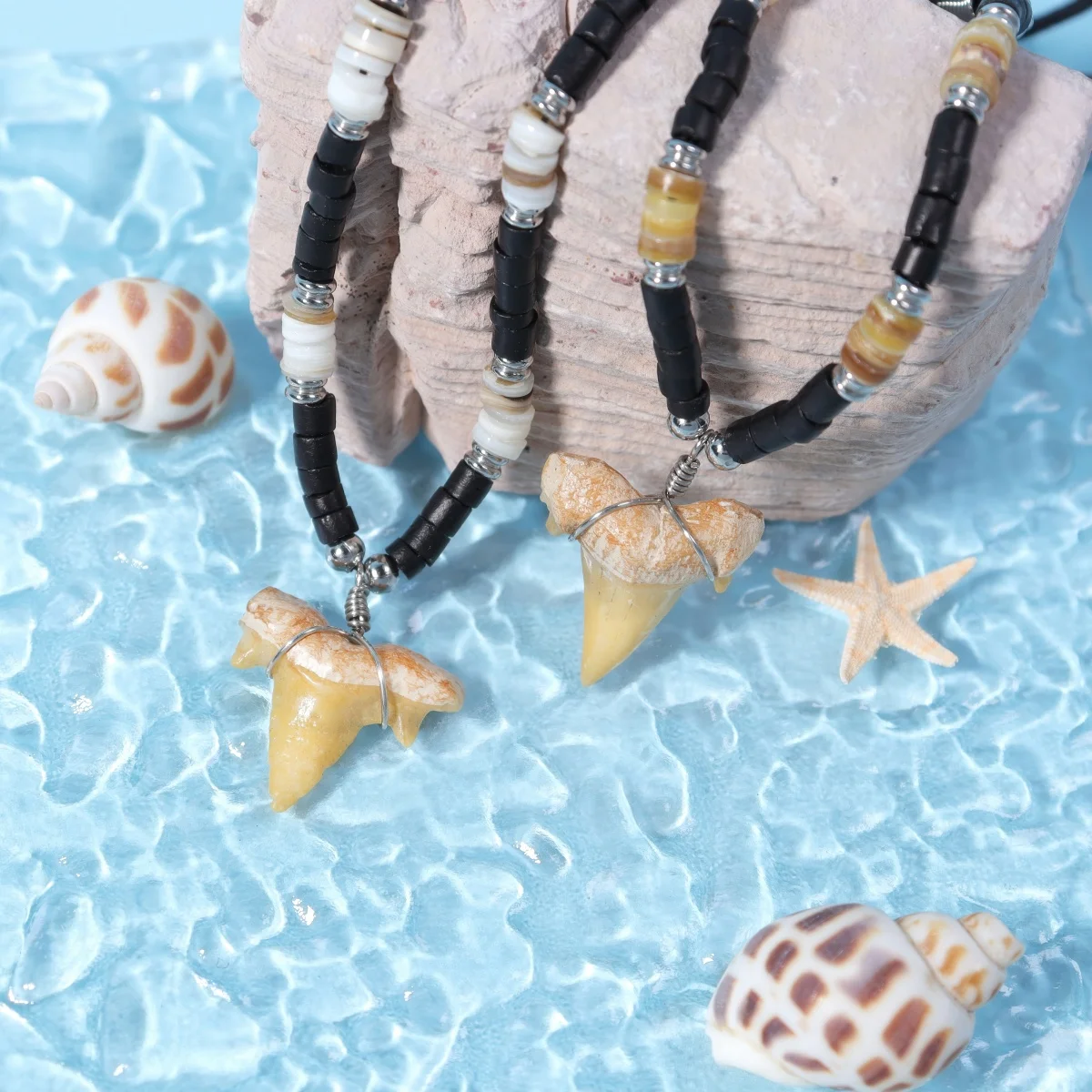 Surfer Necklace for Men Shark Tooth Wood Bead Tribal Chain Beach Jewelry Simple Summer Gift