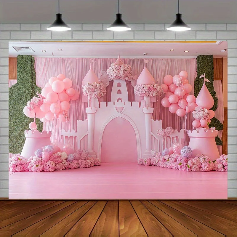 Ein Prinzessinnen-Hintergrundstoff mit Schloss-Motiv, rosa Luftballons und Blumenarrangements – Partydekoration mit Prinzessinnenmotiv