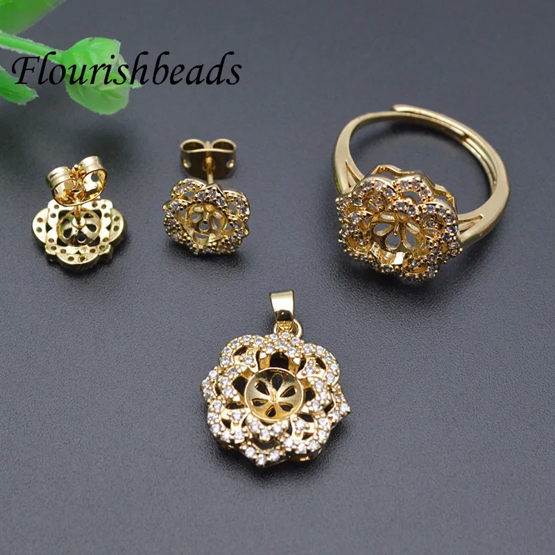 10set Real Gold Plating CZ Beads Paved Flower Shape Jewelry Set Earring Hooks Pendnt Ring Fit Half Hole Beads DIY Jewelry Making