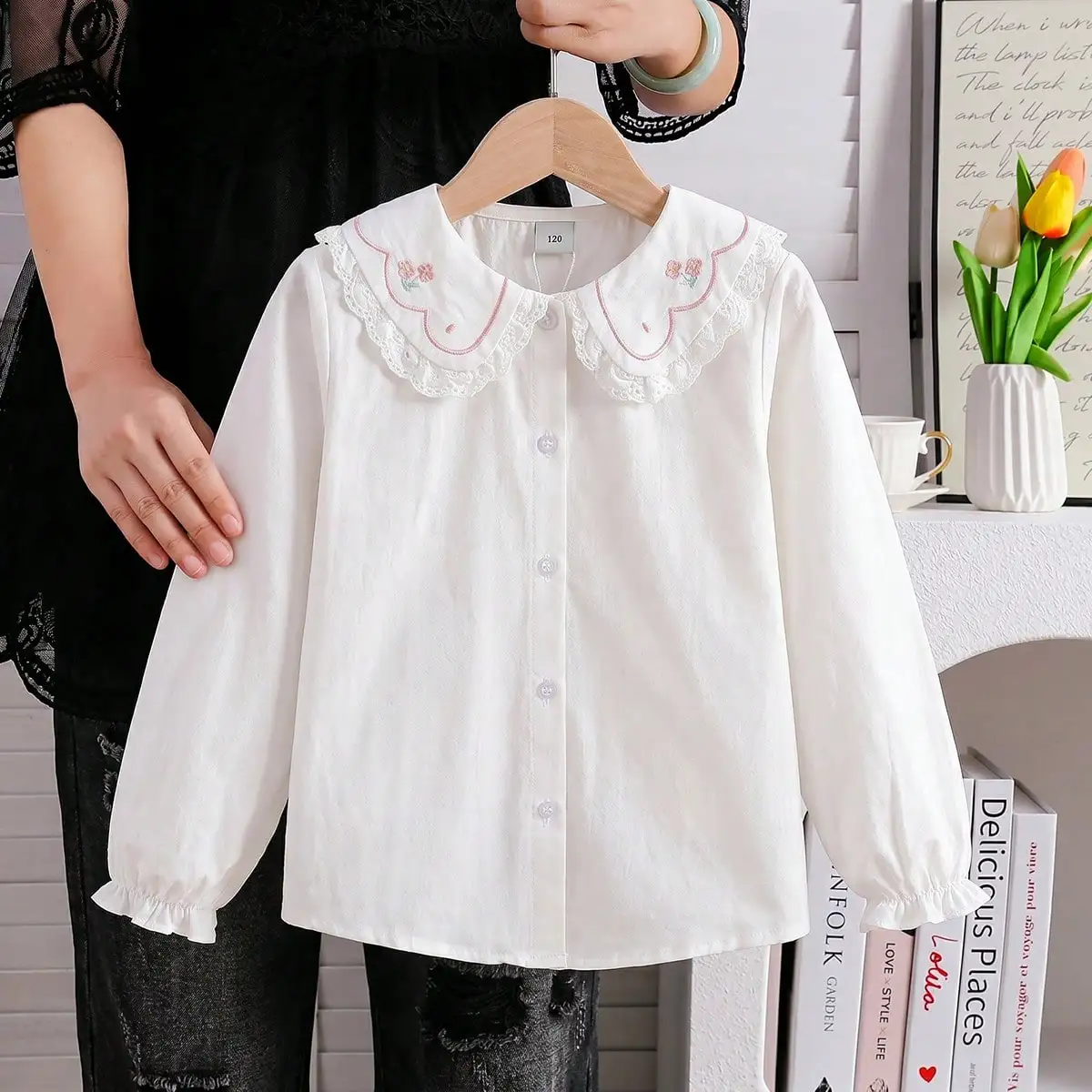 Girls White Shirt 100% Cotton 5-12T Embroidered Ruffled Collar Lace Trim Long Sleeved Top Kids Back to School Clothes
