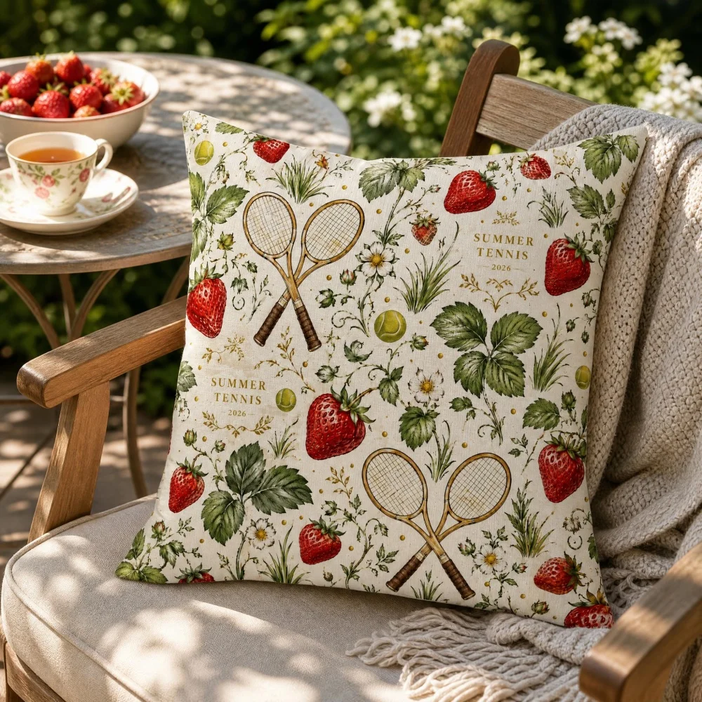 Vintage Summer Tennis Strawberry Floral Throw Pillow, Complete Decorative Square Cushion Pillow for Sofa Farmhouse Garden Decor