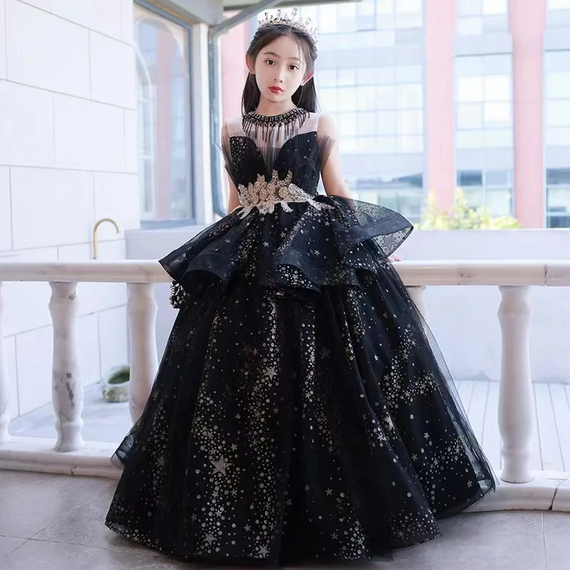 Black Lace Flower Girl Dresses Sequin Applique Children Wedding Party Long Gowns Kids Clothes Princess First Communion Vestidos