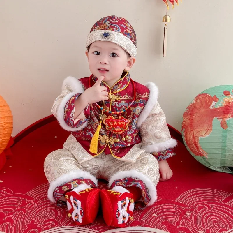 2024NEW Red Chinese Hanfu For Baby Boy Embroidery Tang Suit Birthday Clothing Dragon Long Sleeve Full Moon Gift New Year