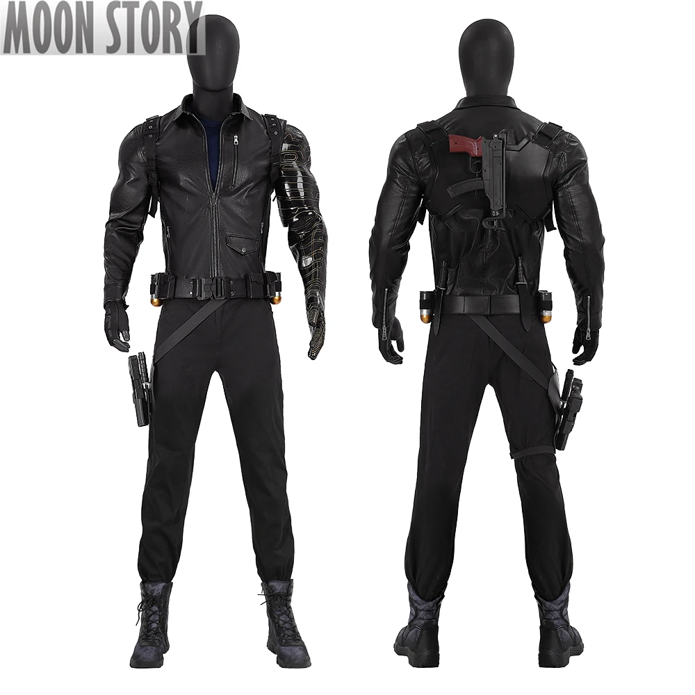 

2025 New Hero Movie Winter Bucky Barnes Cosplay Costume Soldier Arm Leather Coat Adult Men Shirt Pants Full Set Halloween