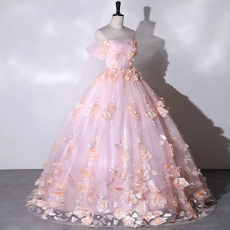 Exquisito vestido De novia con hombros descubiertos, vestidos De baile Rosa dulce, apliques De flores, vestido De fiesta De hadas, novedad De 2023