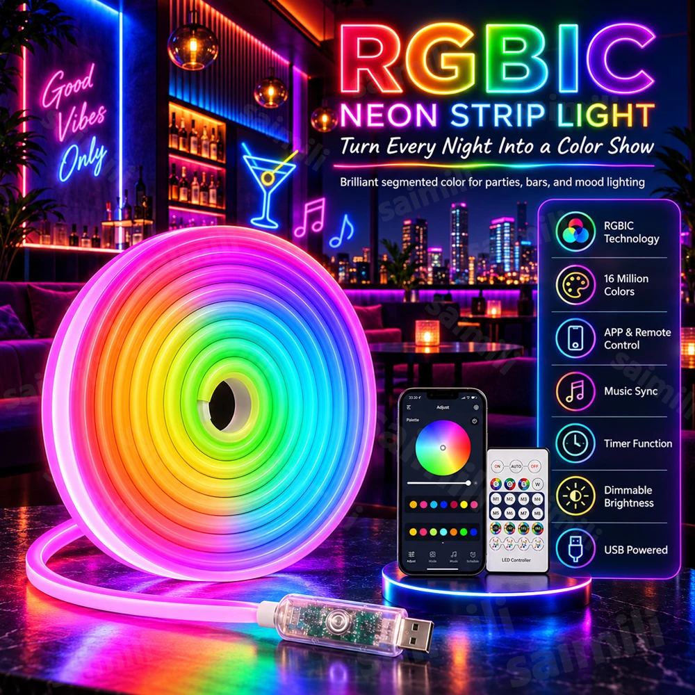 5-10M RGBIC Neon LED Rope Light USB Power Supply IP65 Water‑resistant Bendable Cuttable Music Rhythm APP IR Remote Control