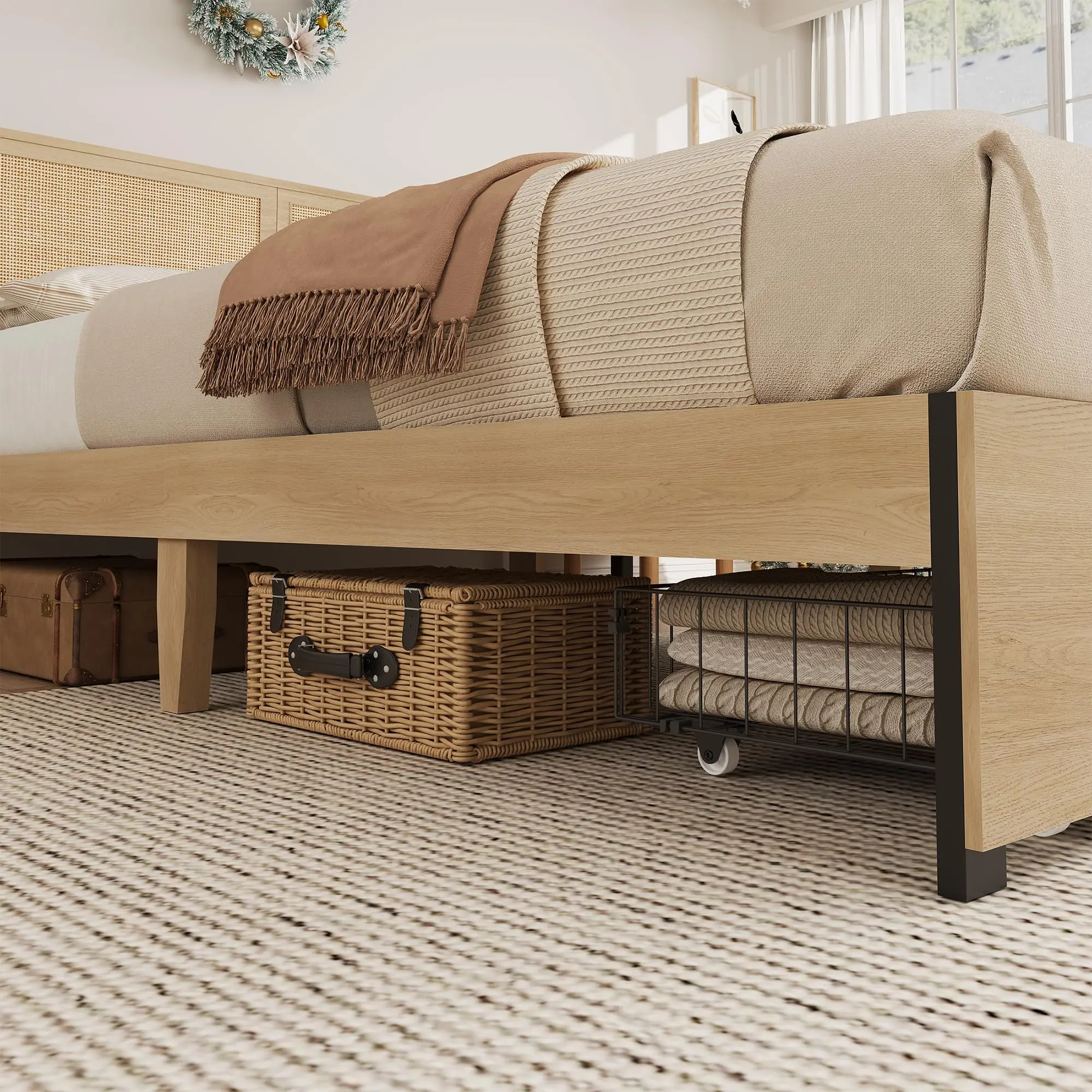 Boho Rattan Platform Bed Frame with Cane Headboard – 2 Storage Drawers – Wooden Slats – RGB LED Lights – Noise-Free – No Box Spring Needed – Oak Finish