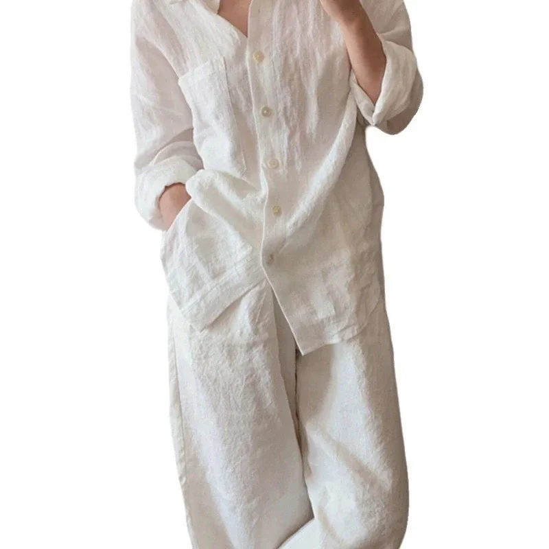 

White Suit for Women 2025 Autumn Simple Casual Lazy Style Versatile Loose Shirt and Trousers Two-piece Set