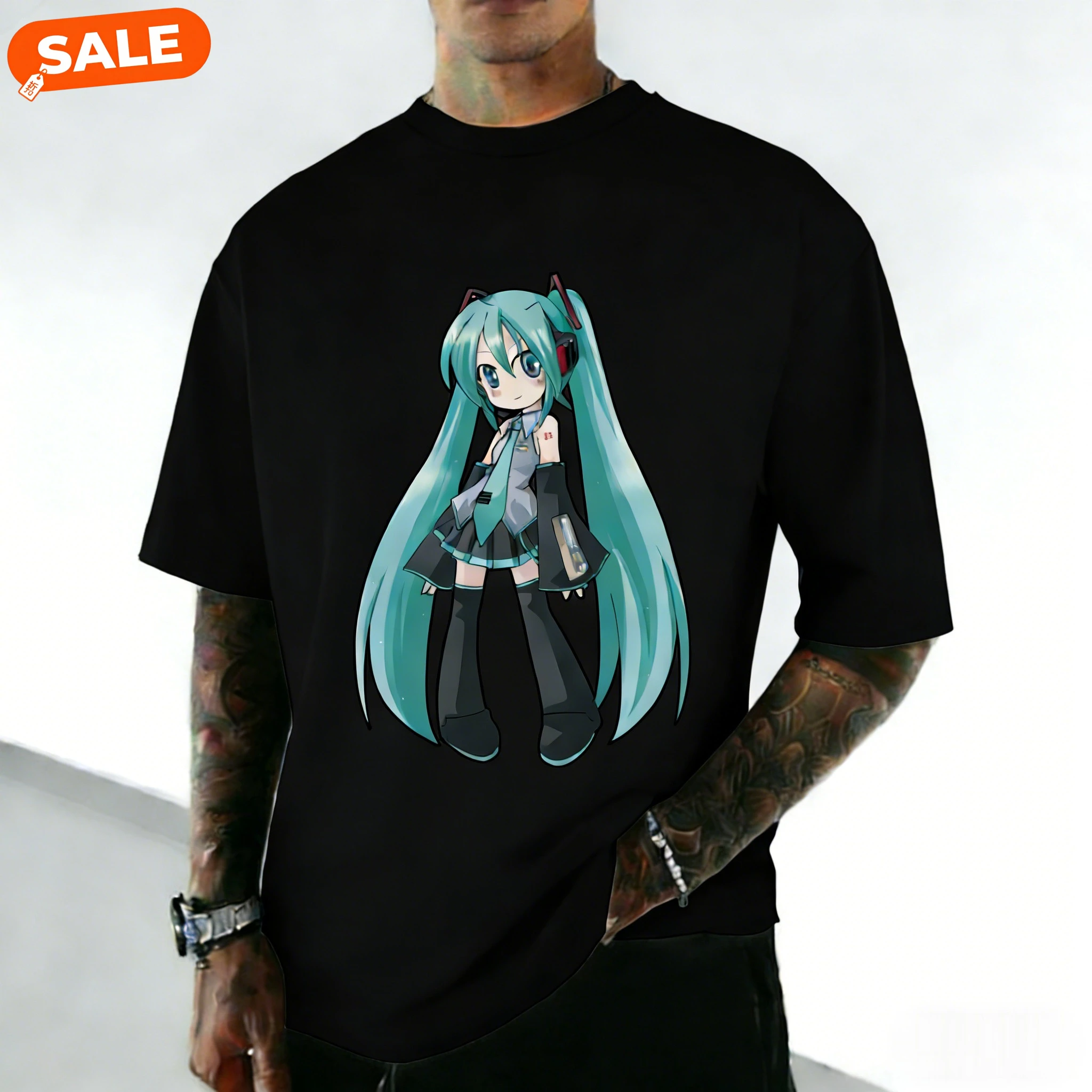 Hatsune Miku Offizielles Kurzarm-T-Shirt, japanisches Anime-Peripherie-Top, zweidimensionales, gleich vielseitiges Oberteil für Herren und Damen