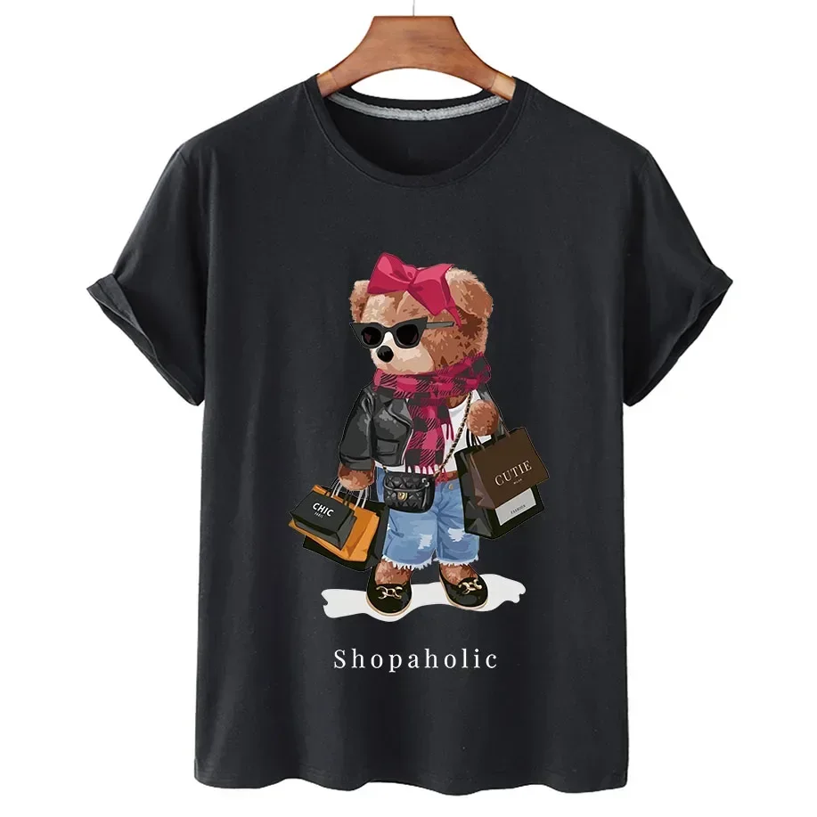 Cute Shopaholic Cartoon Print T shirt For Women Oversized Summer Y2k Streetwear Girl Graphic Tee Shirts Cotton