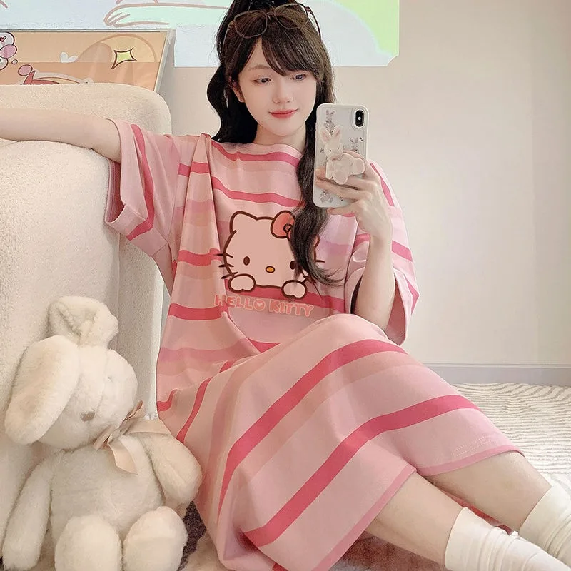 Hello Kitty Pink Striped Cartoon Pajamas for Women Loose Summer Home Wear Casual Loungewear Night Dress Cute Soft Sleepwear New