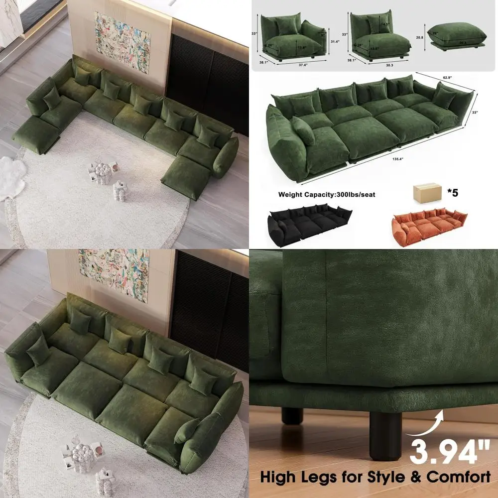 

Chenille Sectional Sofa, 8-Seat Sleeper with Ottoman, Thick Cushions, Suitable for Living Room, Bedroom, Office (Green)