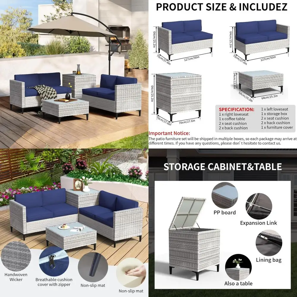 

Outdoor Patio Furniture Set, 4pc Sectional Rattan Loveseat Couch with Thick Non-Slip Cushion, Storage Box&Tempered Glass Cafe Ta