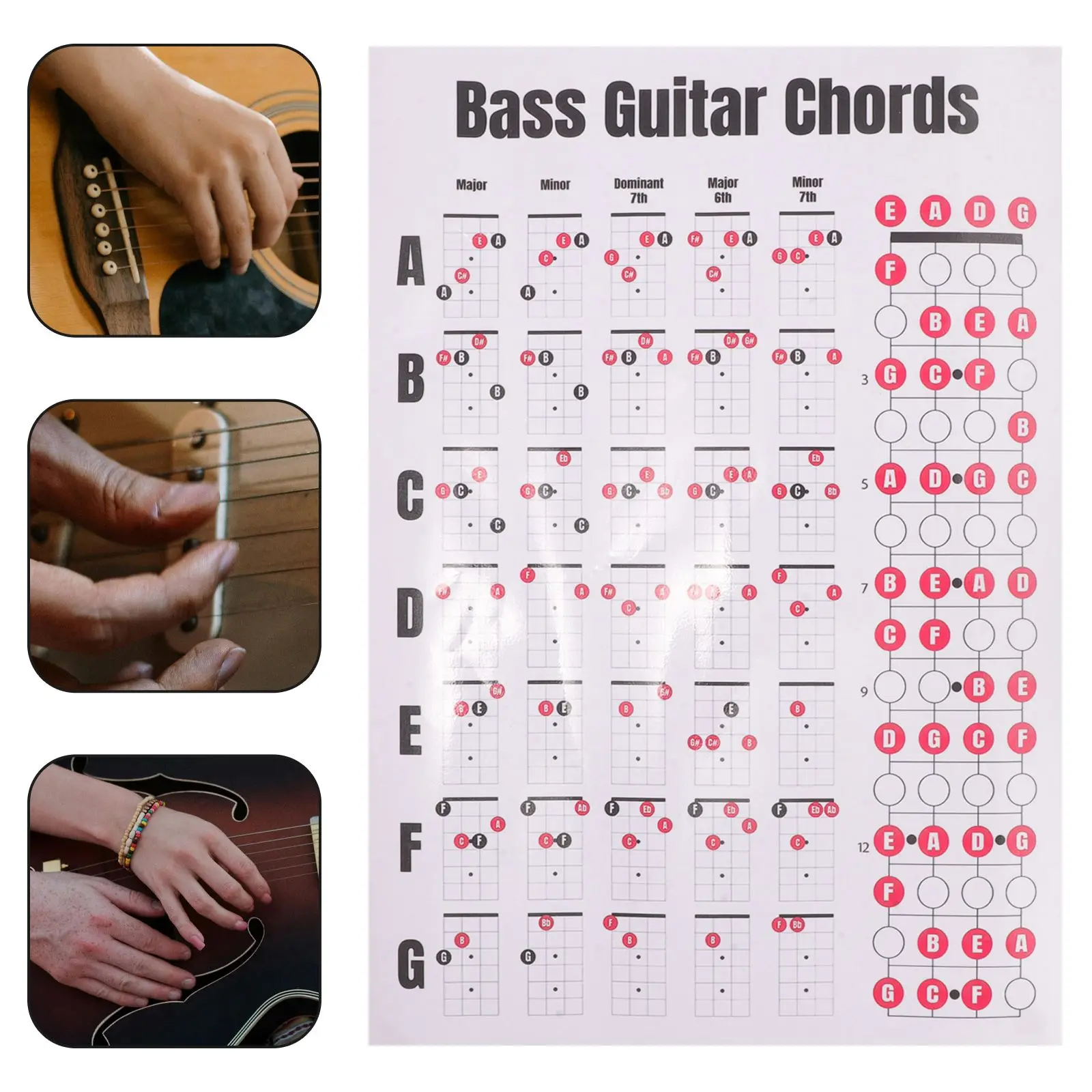 기타 베이스 코드 다이어그램 차트 포스터 38cm A4 21x30cm 초보자를 위한 벽 음악 이론 연습 가이드