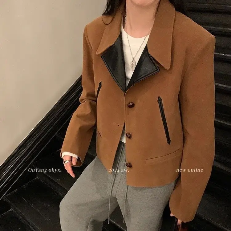 

Fashion PU Leather Jacket Color-Block Blazer Women Clothing Autumn New High-End Loose Casual Retro Brown Short Jacket Women Tops