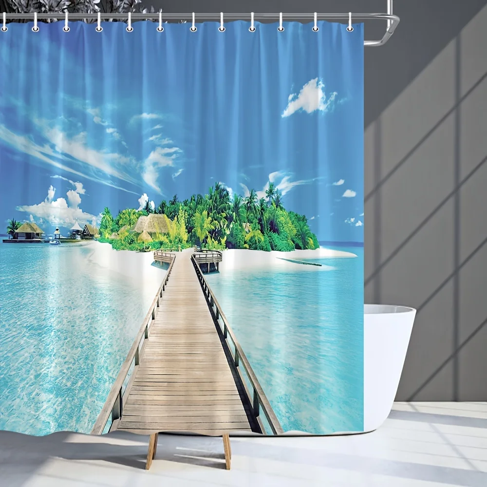 Beach Shower Curtain Tropical Island Ocean View Waterproof Fabric Bathroom Curtains with Hooks Seascape Home Decor