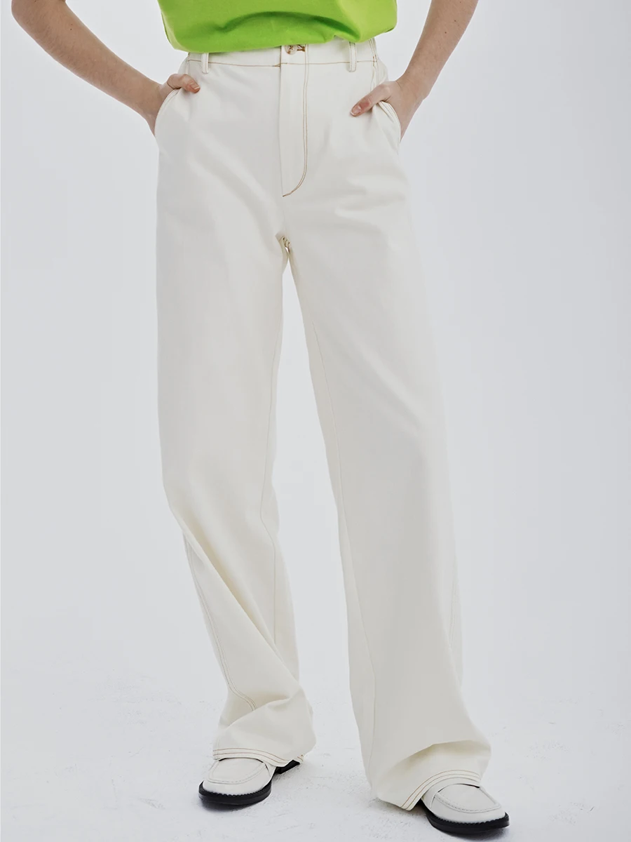 

White High Waist Wide Leg Casual Pants Independent Decorative Stitching CUISUYUN Cotton Commute Sle Long Trousers