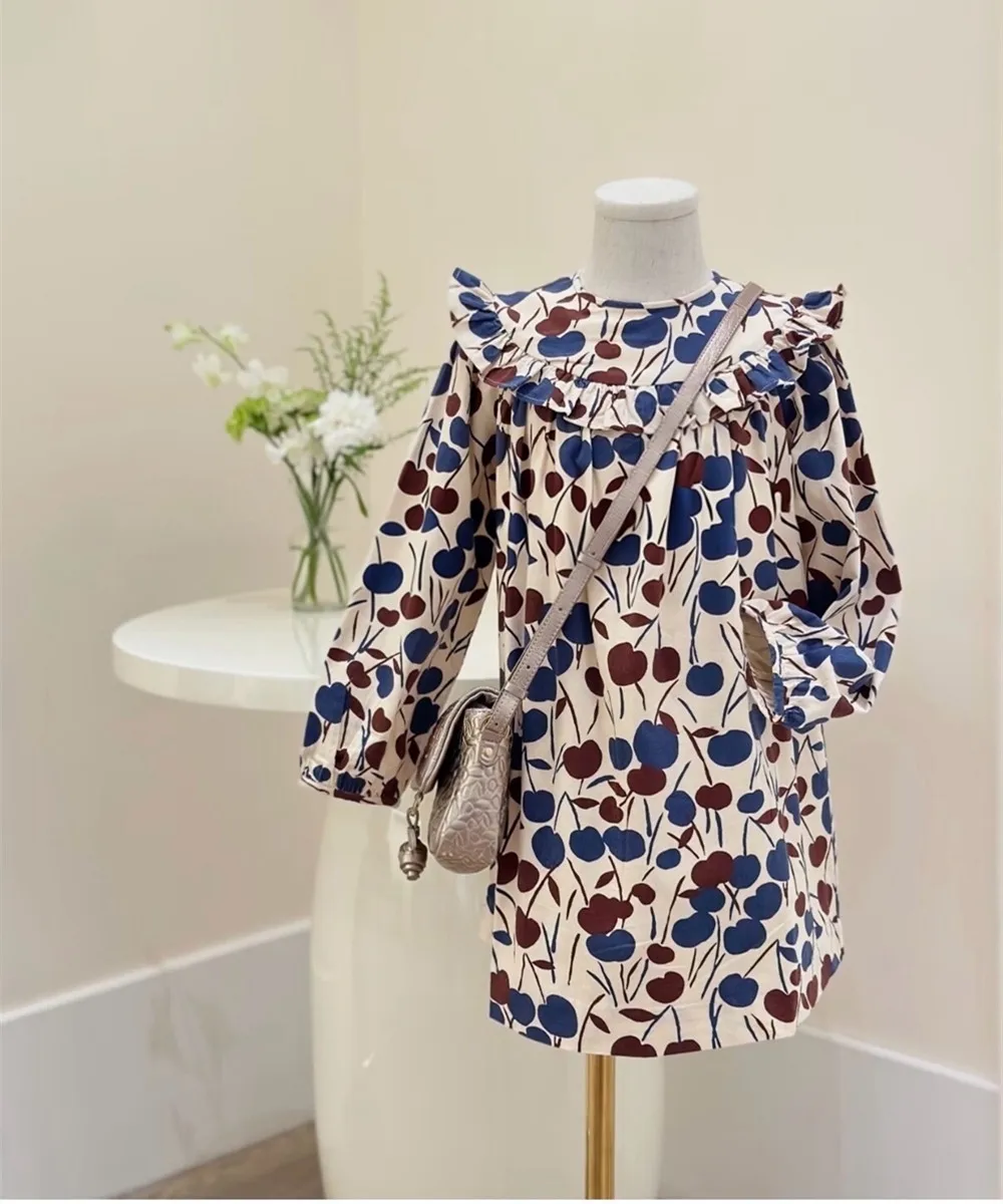 Autumn baby girl clothes kids dresses French style Cherry patterned printed dress Corduroy patterned long sleeved dress