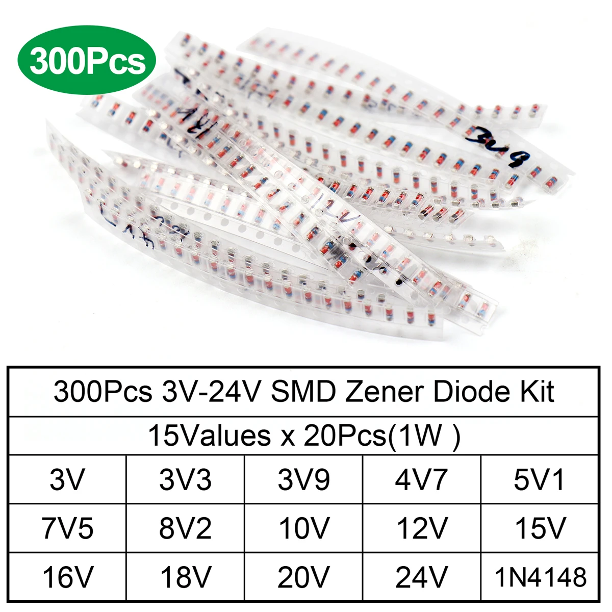 300Pcs SMD LL34 Diodes Kit 3V 3V3 3V9 4V7 5V1 7V5 8V2 10V 12V 15V 16V 18V 20V 24V 1N4148 1/2W Zener Diode Assortment Kit