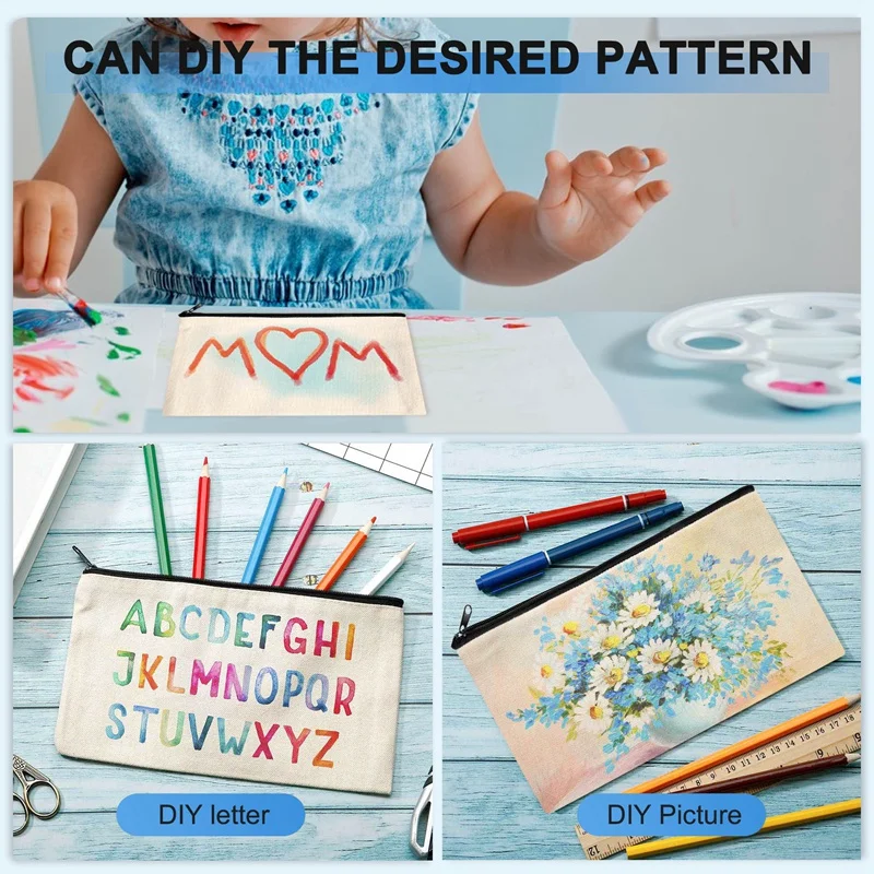 50Pcs Canvas Zipper Bag Pencil Case Cosmetic Bag Blank Bag DIY Craft Bag Cosmetic Bag Cosmetic Bag DIY Craft School